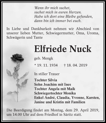 Traueranzeige von Elfriede Nuck von lausitzer_rundschau