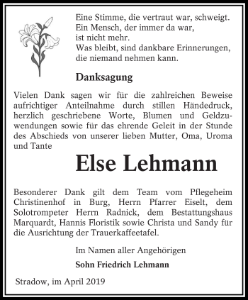 Traueranzeige von Else Lehmann von lausitzer_rundschau