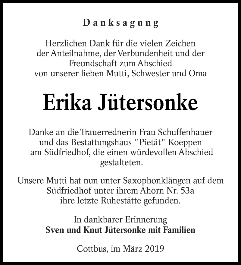  Traueranzeige für Erika Jütersonke vom 06.04.2019 aus lausitzer_rundschau