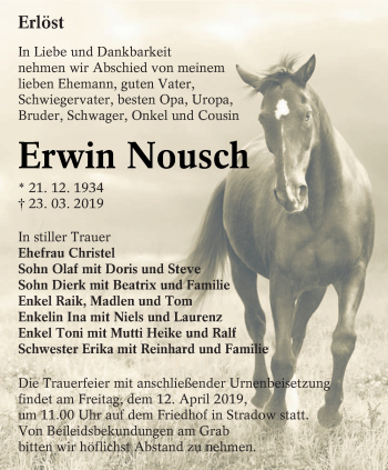 Traueranzeige von Erwin Nousch von lausitzer_rundschau
