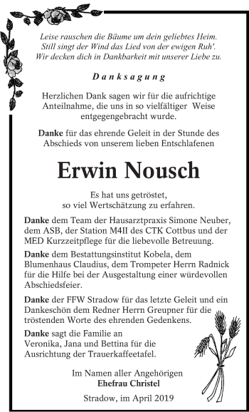 Traueranzeige von Erwin Nousch von lausitzer_rundschau