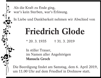 Traueranzeige von Friedrich Glode von lausitzer_rundschau