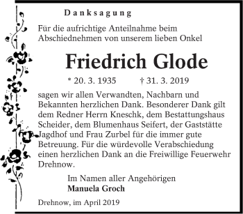 Traueranzeige von Friedrich Glode von lausitzer_rundschau