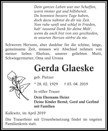 Traueranzeige von Gerda Glaeske von lausitzer_rundschau