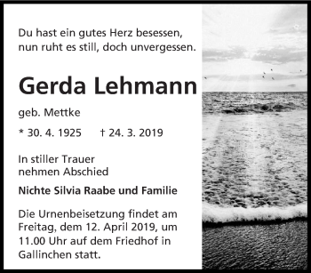 Traueranzeige von Gerda Lehmann von lausitzer_rundschau