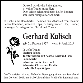 Traueranzeige von Gerhard Kulisch von lausitzer_rundschau