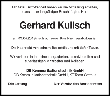 Traueranzeige von Gerhard Kulisch von lausitzer_rundschau