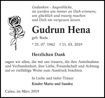 Traueranzeige von Gudrun Hena von lausitzer_rundschau