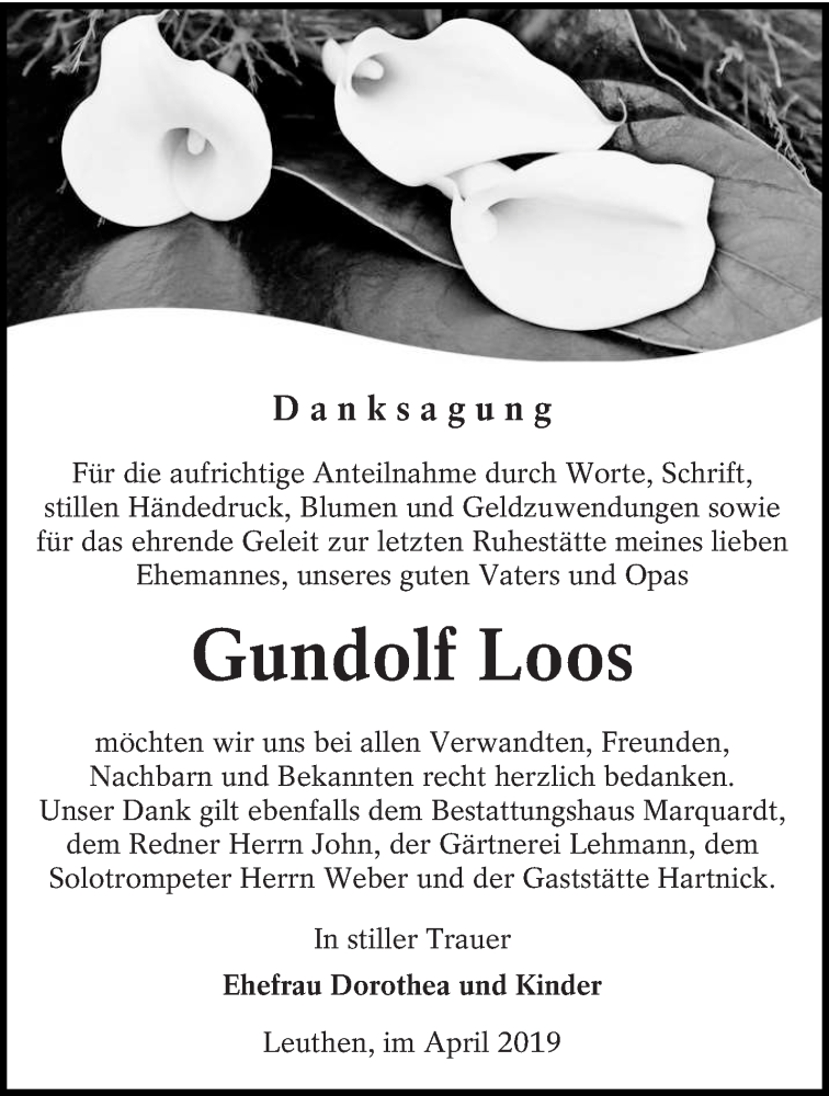  Traueranzeige für Gundolf Loos vom 27.04.2019 aus lausitzer_rundschau