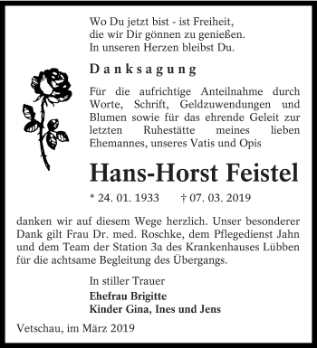 Traueranzeige von Hans-Horst Feistel von lausitzer_rundschau