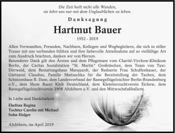 Traueranzeige von Hartmut Bauer von lausitzer_rundschau