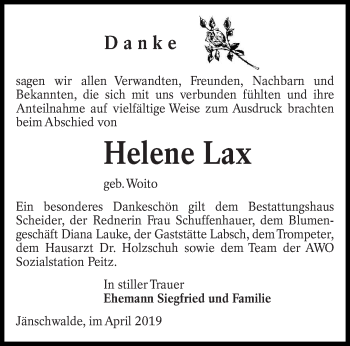 Traueranzeige von Helene Lax von lausitzer_rundschau