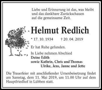 Traueranzeige von Helmut Redlich von lausitzer_rundschau