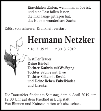 Traueranzeige von Hermann Netzker von lausitzer_rundschau