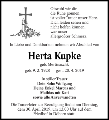 Traueranzeige von Herta Kupke von lausitzer_rundschau