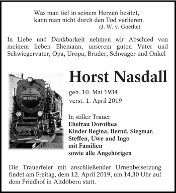 Traueranzeige von Horst Nasdall von lausitzer_rundschau