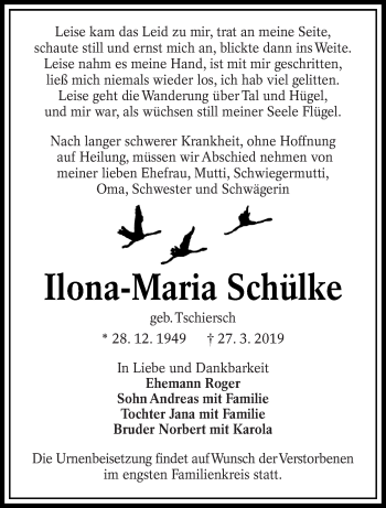 Traueranzeige von Ilona-Maria Schülke von lausitzer_rundschau