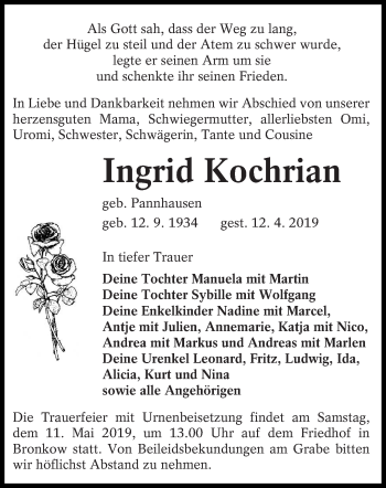 Traueranzeige von Ingrid Kochrian von lausitzer_rundschau