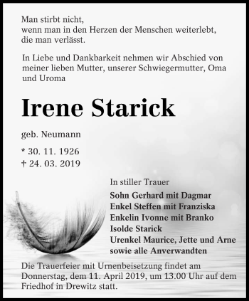 Traueranzeige von Irene Starick von lausitzer_rundschau