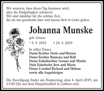 Traueranzeige von Johanna Munske von lausitzer_rundschau