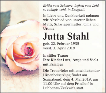 Traueranzeige von Jutta Stahl von lausitzer_rundschau
