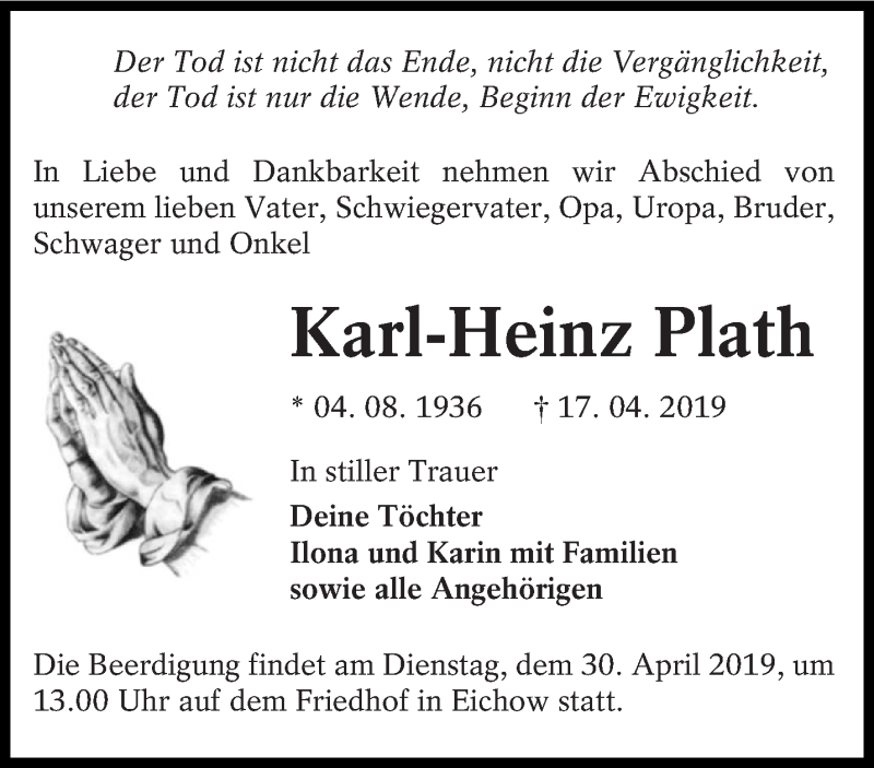  Traueranzeige für Karl-Heinz Plath vom 24.04.2019 aus lausitzer_rundschau