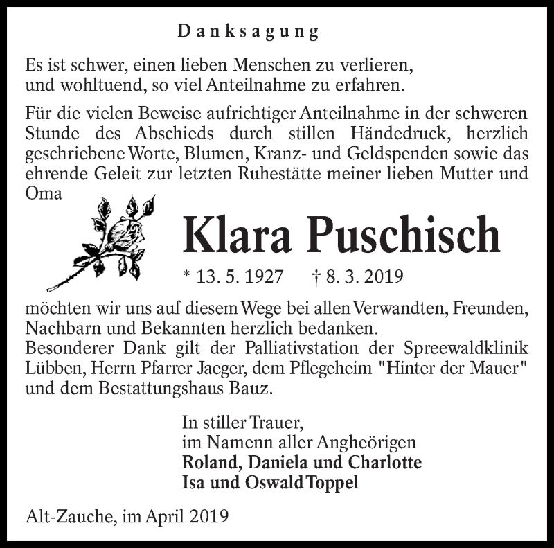  Traueranzeige für Klara Puschisch vom 11.04.2019 aus lausitzer_rundschau