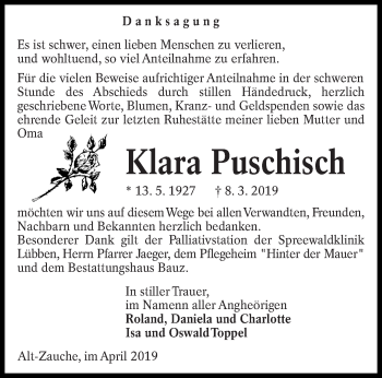 Traueranzeige von Klara Puschisch von lausitzer_rundschau