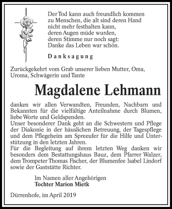 Traueranzeige von Magdalene Lehmann von lausitzer_rundschau