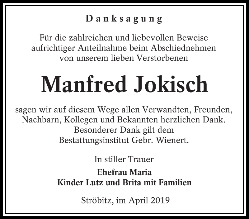  Traueranzeige für Manfred Jokisch vom 20.04.2019 aus lausitzer_rundschau