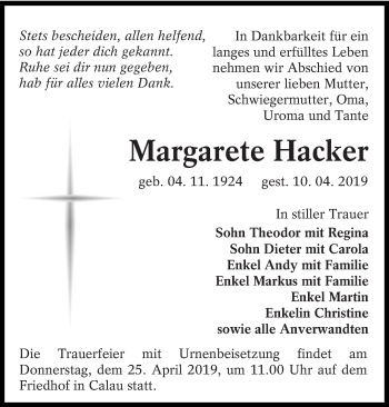 Traueranzeige von Margarete Hacker von lausitzer_rundschau