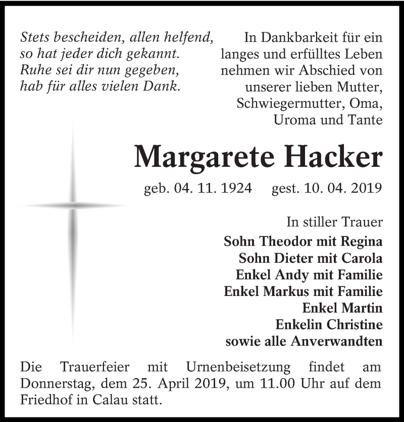  Traueranzeige für Margarete Hacker vom 13.04.2019 aus lausitzer_rundschau