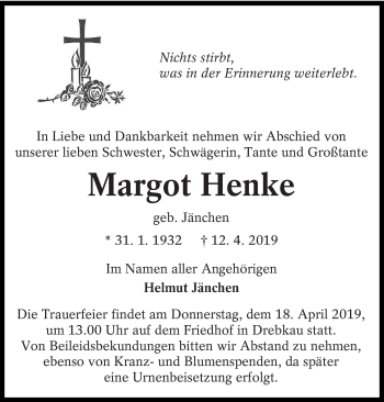 Traueranzeige von Margot Henke von lausitzer_rundschau
