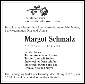 Traueranzeige von Margot Schmalz von lausitzer_rundschau