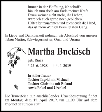 Traueranzeige von Martha Buckisch von lausitzer_rundschau