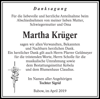 Traueranzeige von Martha Krüger von lausitzer_rundschau