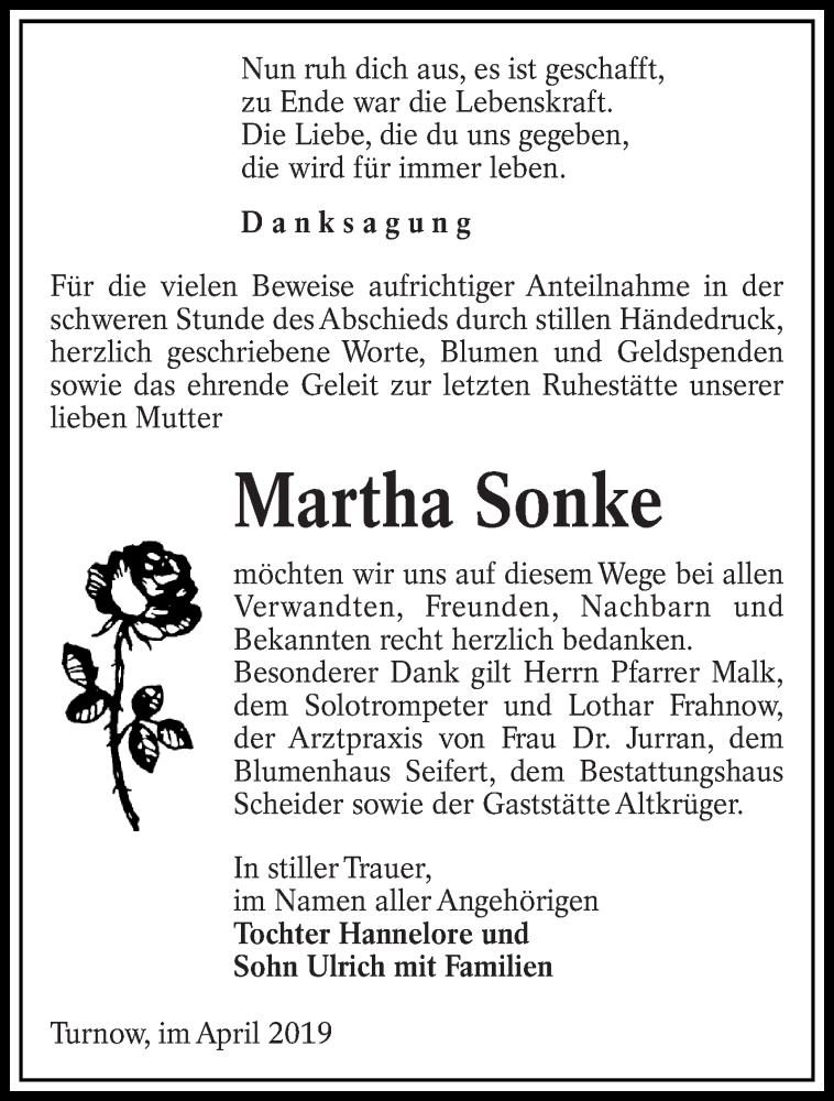  Traueranzeige für Martha Sonke vom 06.04.2019 aus lausitzer_rundschau