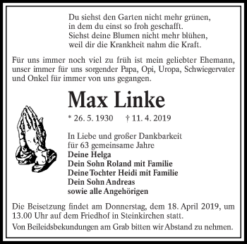 Traueranzeige von Max Linke von lausitzer_rundschau