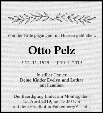 Traueranzeige von Otto Pelz von lausitzer_rundschau