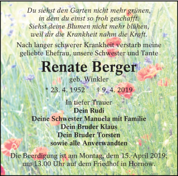 Traueranzeige von Renate Berger von lausitzer_rundschau