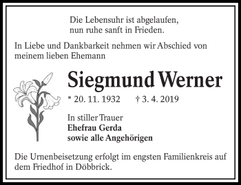 Traueranzeige von Siegmund Werner von lausitzer_rundschau