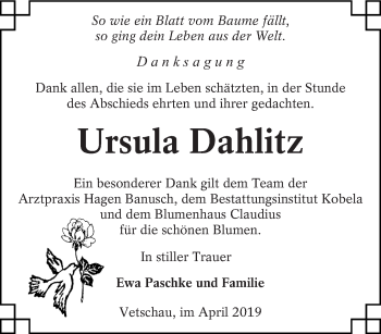 Traueranzeige von Ursula Dahlitz von lausitzer_rundschau