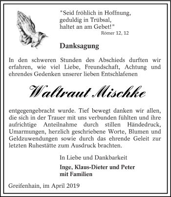 Traueranzeige von Waltraut Mischke von lausitzer_rundschau
