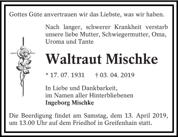 Traueranzeige von Waltraut Mischke von lausitzer_rundschau