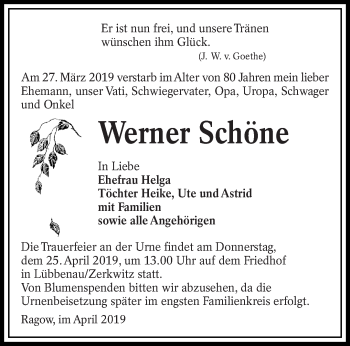 Traueranzeige von Werner Schöne von lausitzer_rundschau