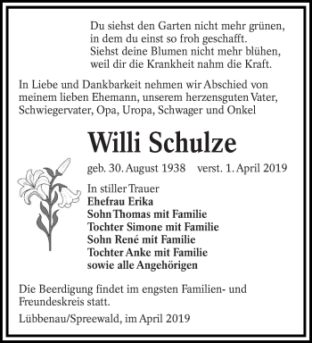 Traueranzeige von Willi Schulze von lausitzer_rundschau