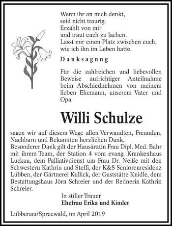 Traueranzeige von Willi Schulze von lausitzer_rundschau