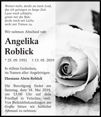 Traueranzeige von Angelika Roblick von lausitzer_rundschau