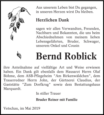 Traueranzeige von Bernd Roblick von lausitzer_rundschau