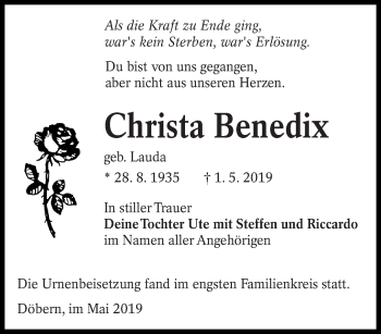 Traueranzeige von Christa Benedix von lausitzer_rundschau